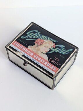 Mirrored Glass Trinket Jewelry Box w/Glamour Girl California Vegetables Lid
